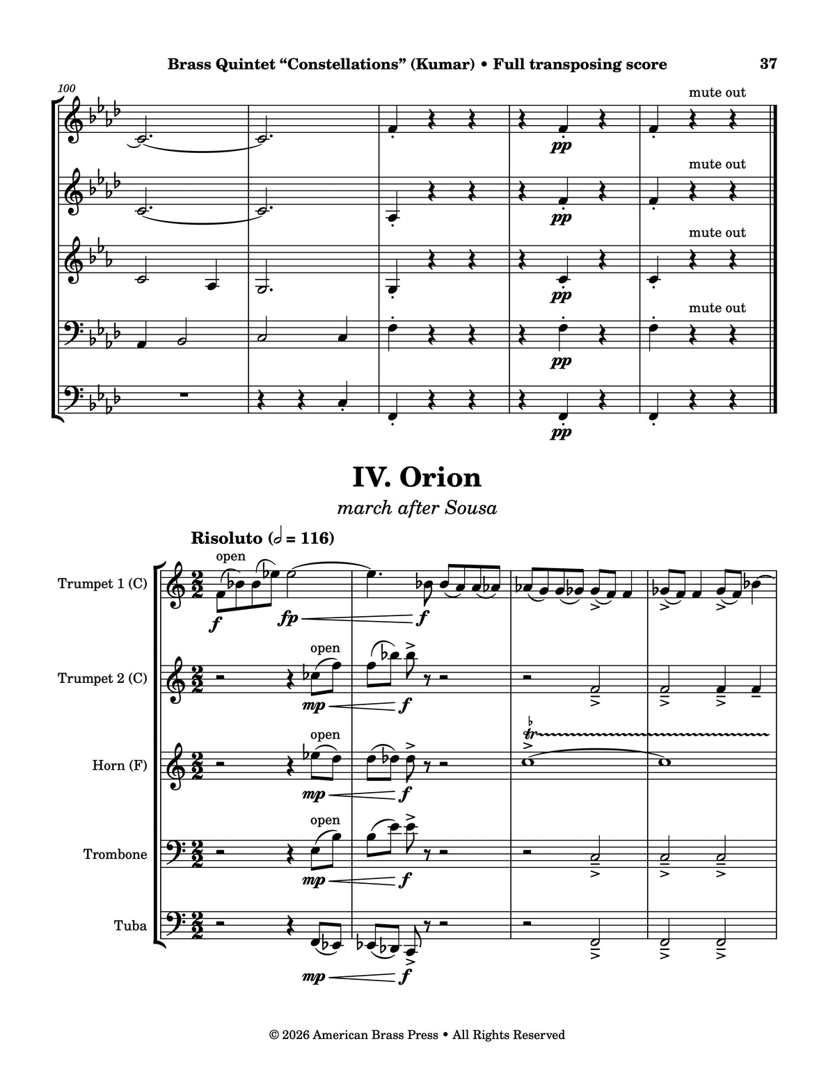 The first page of the fourth movement, entitled "Orion" and subtitled "march after Sousa".