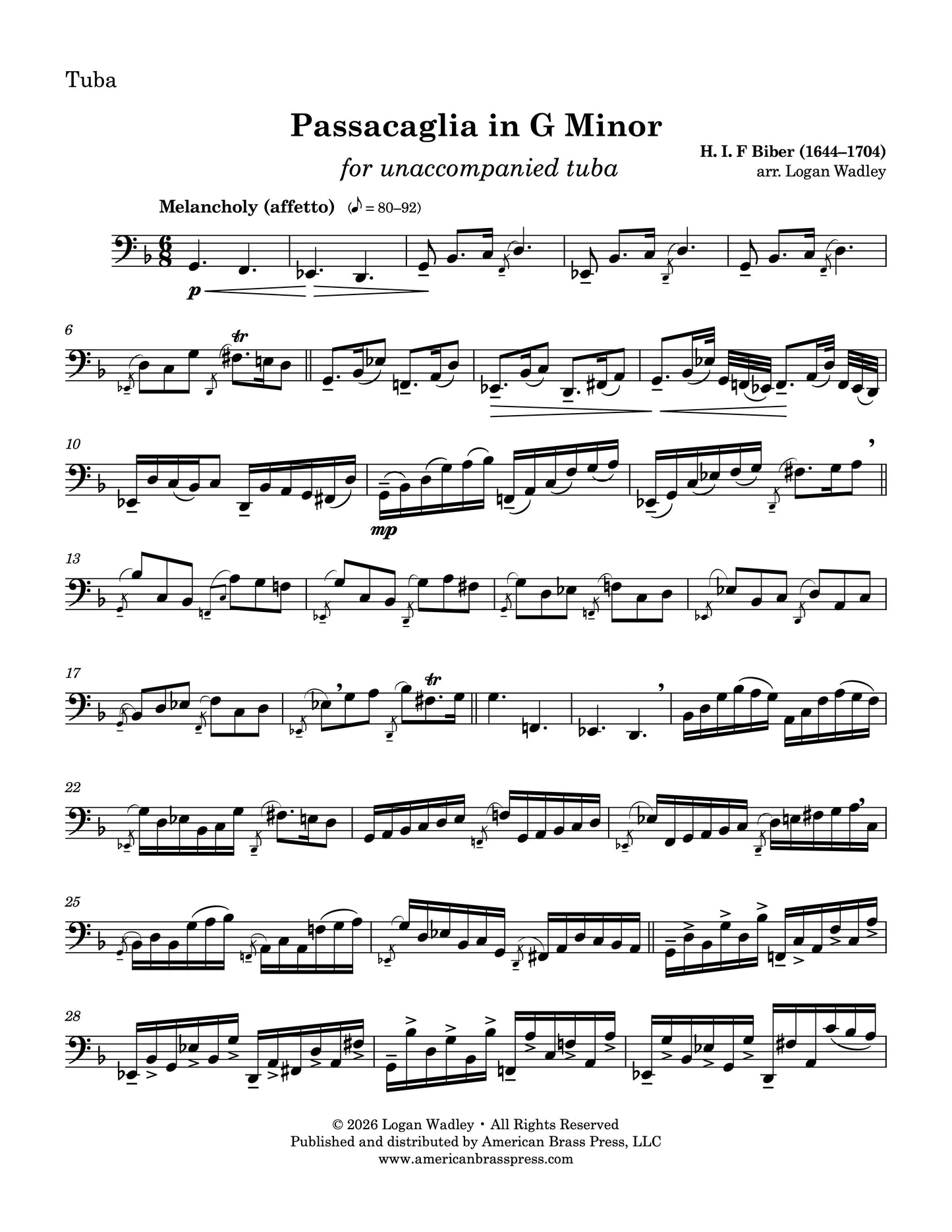 The first page of "Passacaglia in G Minor", by H. I. F. Biber and arranged for unaccompanied tuba by Logan Wadley.