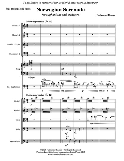 The first page of "Norwegian Serenade", a solo work by Nathanael Kumar for euphonium and orchestra.