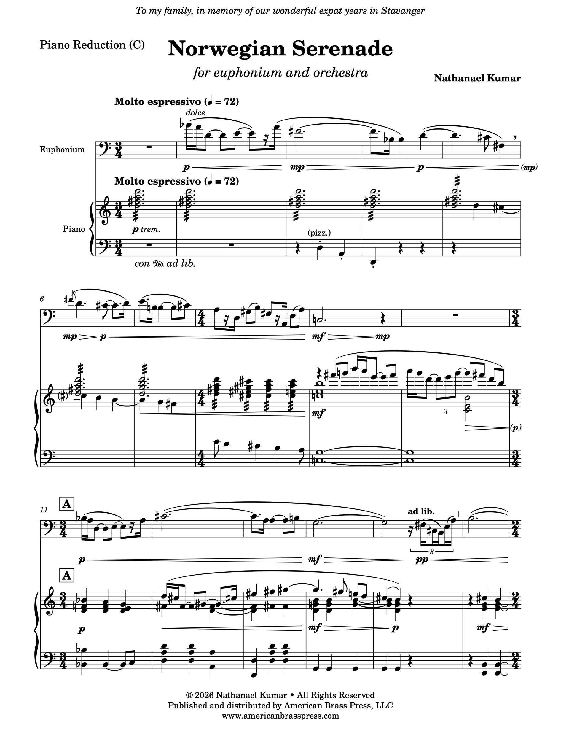 The first page of "Norwegian Serenade", a solo for euphonium and piano by Nathanael Kumar.