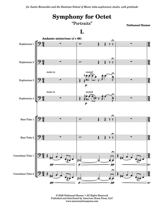 The first page of "Andante misterioso", the first movement of Nathanael Kumar's "Symphony for Octet". The symphony is subtitled "Portraits" and is dedicated to Justin Benavidez and the Eastman School of Music tuba-euphonium studio.