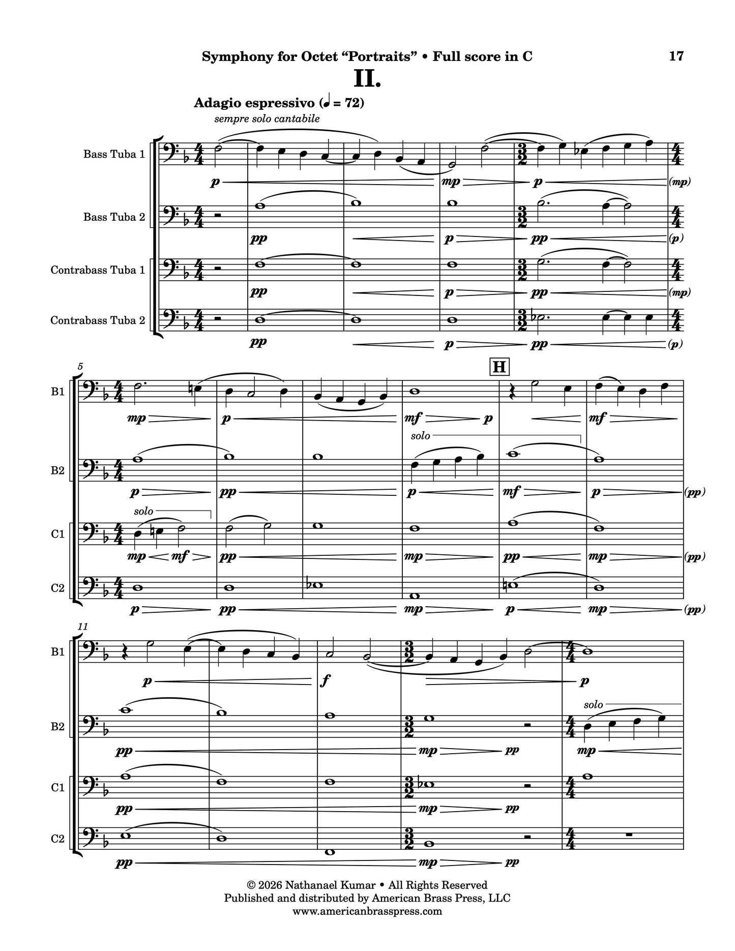 The first page of "Adagio espressivo", the second movement of Nathanael Kumar's "Symphony for Octet". This movement is for tuba quartet.