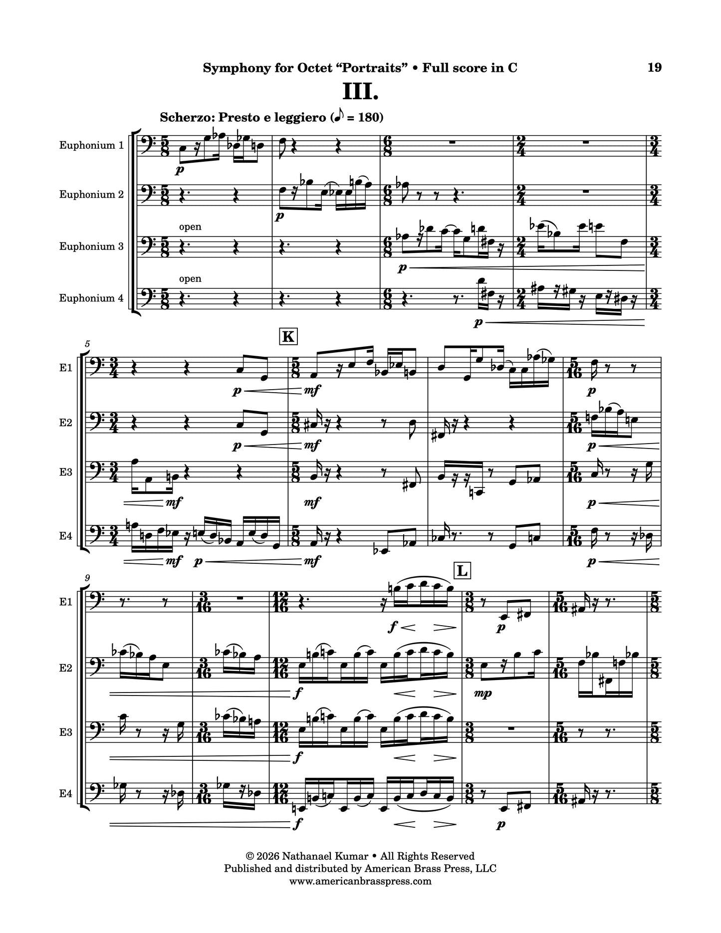 The first page of "Scherzo: Presto e leggiero", the third movement of Nathanael Kumar's "Symphony for Octet". This movement is for euphonium quartet.
