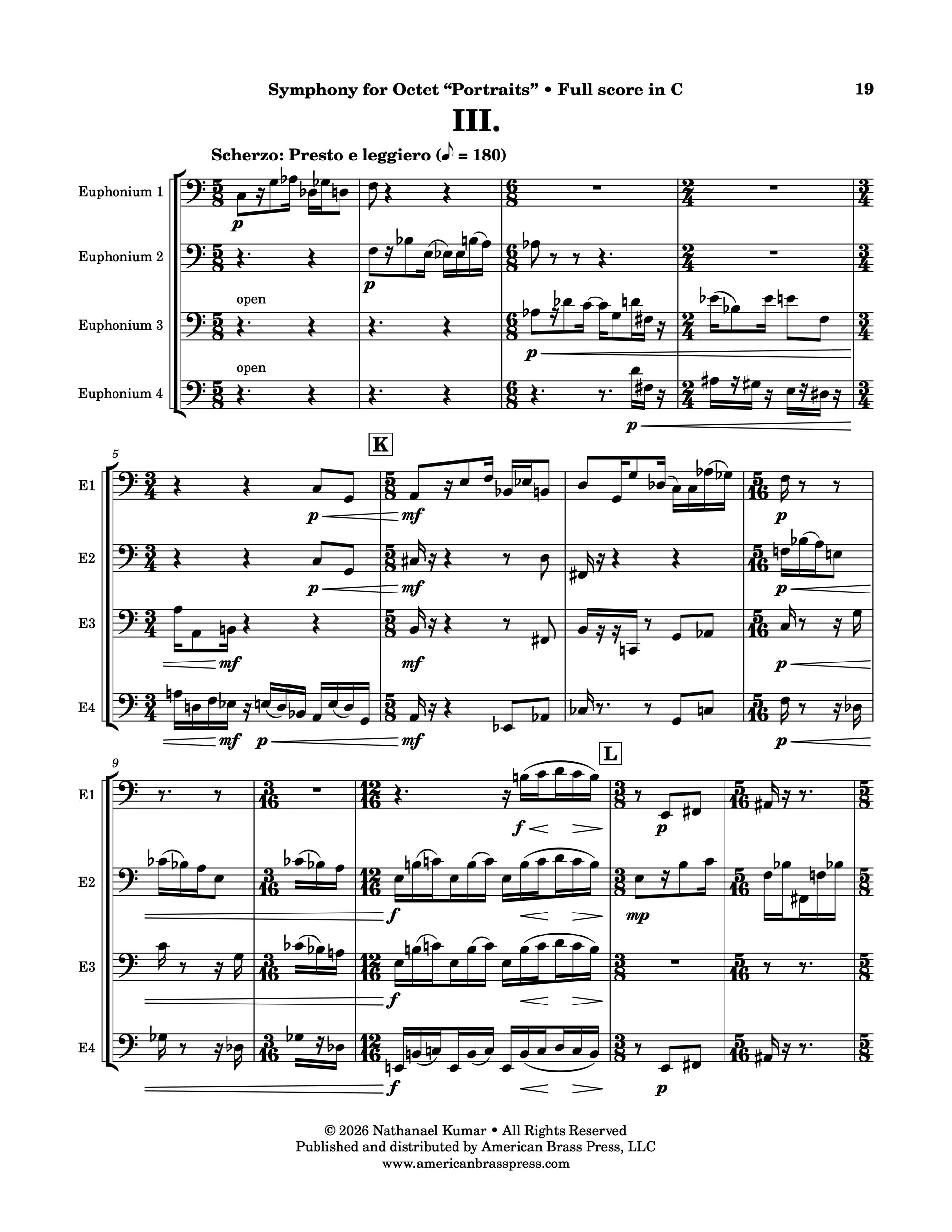 The first page of "Scherzo: Presto e leggiero", the third movement of Nathanael Kumar's "Symphony for Octet". This movement is for euphonium quartet.