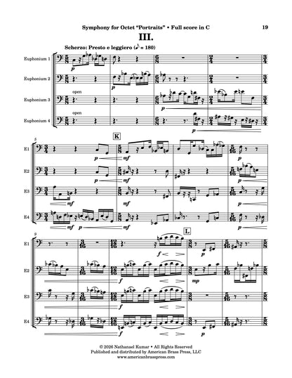 The first page of "Scherzo: Presto e leggiero", the third movement of Nathanael Kumar's "Symphony for Octet". This movement is for euphonium quartet.