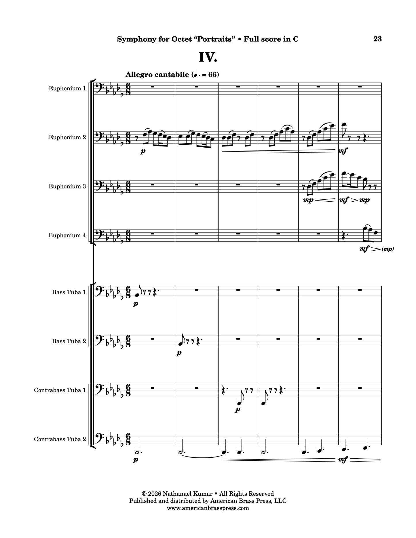The first page of "Allegro cantabile", the fourth movement of Nathanael Kumar's "Symphony for Octet". This movement is for tuba-euphonium octet.