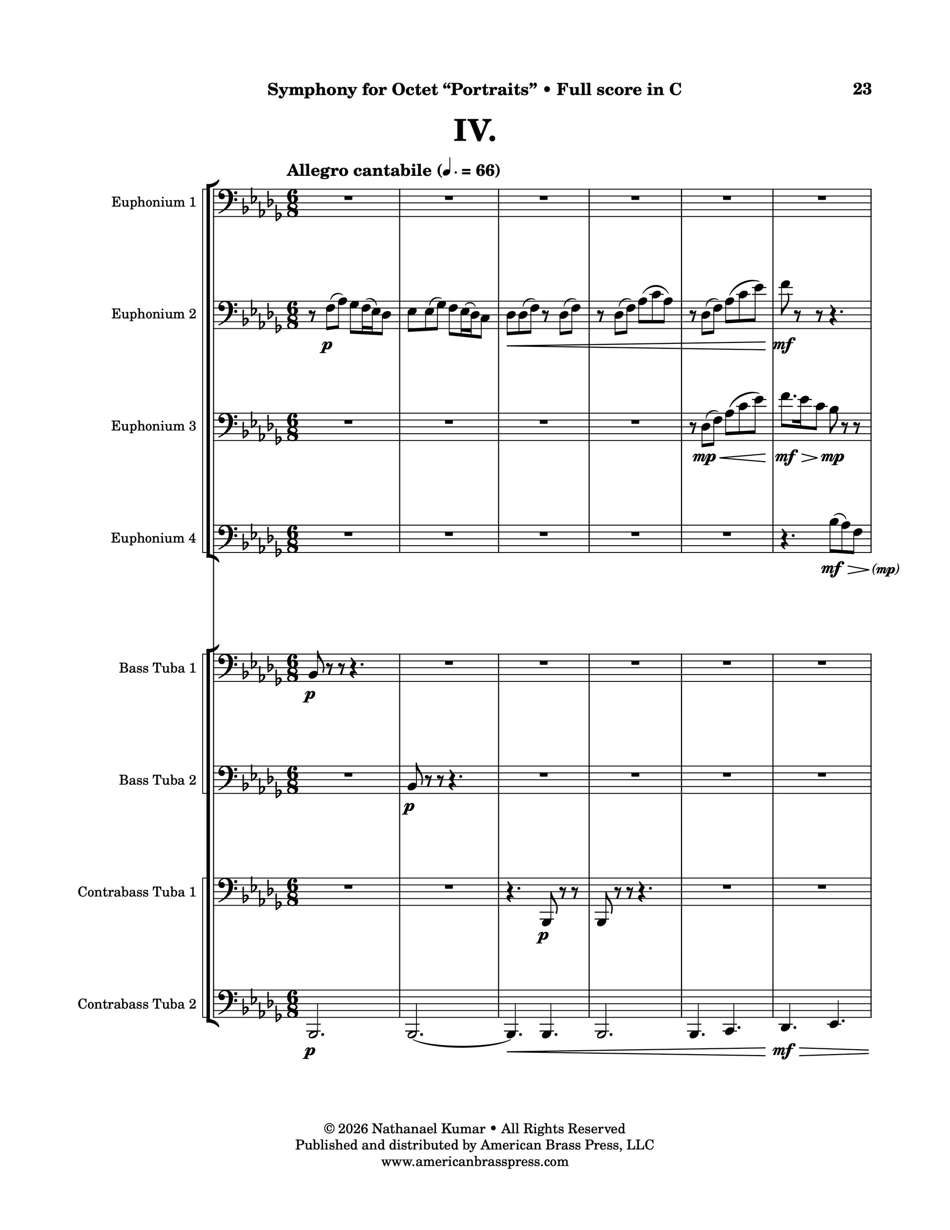 The first page of "Allegro cantabile", the fourth movement of Nathanael Kumar's "Symphony for Octet". This movement is for tuba-euphonium octet.