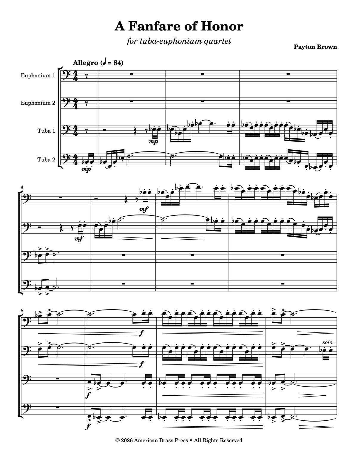 The first page of Payton Brown's "A Fanfare of Honor", for tuba-euphonium quartet.