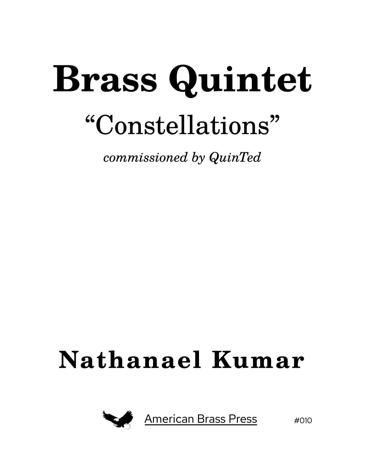 The cover page of the brass quintet "Constellations", by Nathanael Kumar.