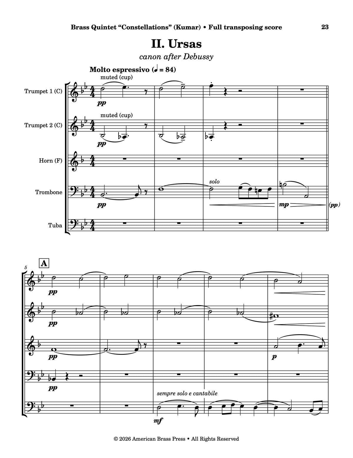 The first page of the second movement, entitled "Ursas" and subtitled "canon after Debussy".
