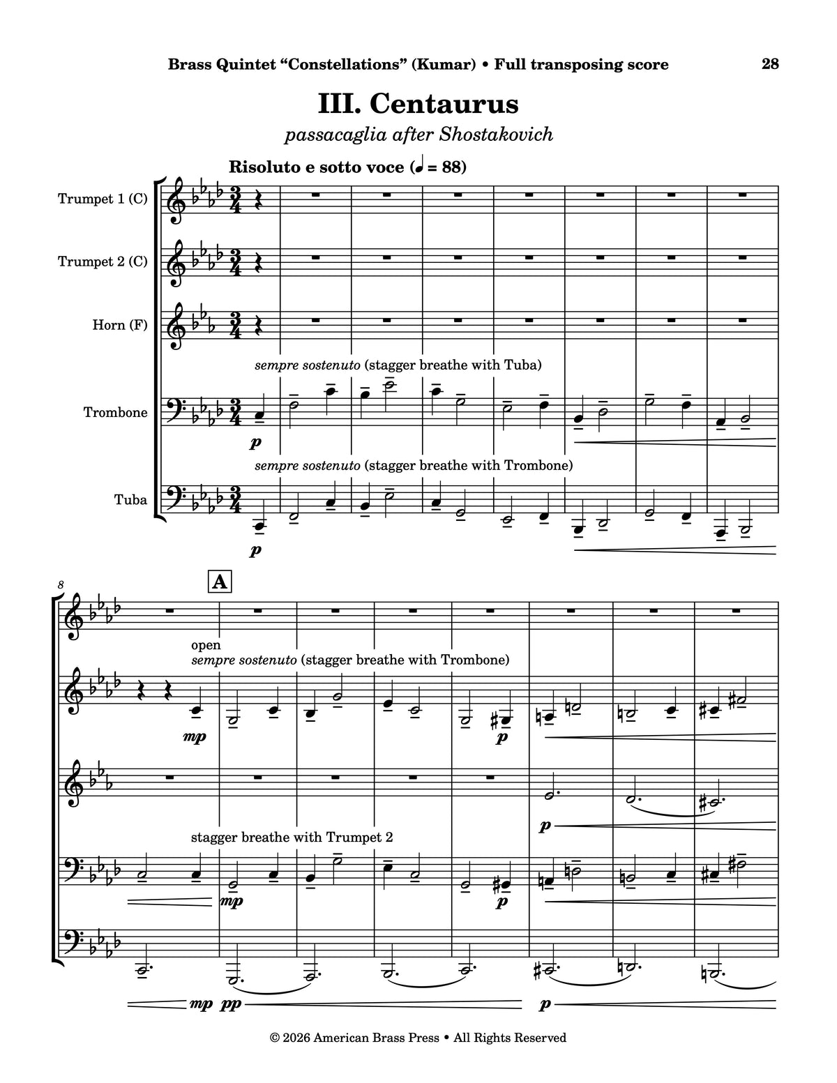 The first page of the third movement, entitled "Centaurus" and subtitled "passacaglia after Shostakovich".