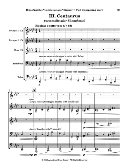 The first page of the third movement, entitled "Centaurus" and subtitled "passacaglia after Shostakovich".