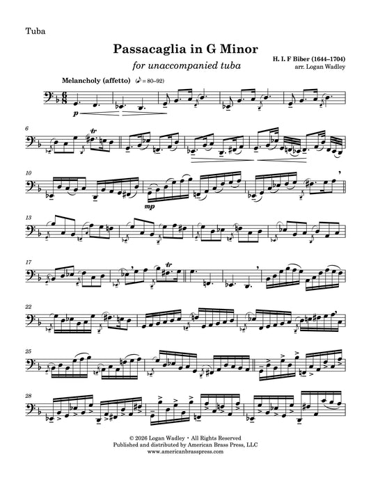 The first page of "Passacaglia in G Minor", by H. I. F. Biber and arranged for unaccompanied tuba by Logan Wadley.